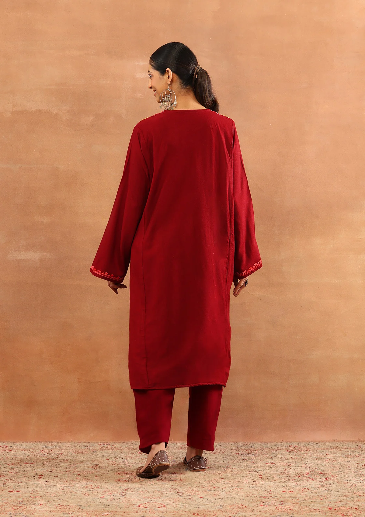 HOC Wool Aari Embroidered Solid Women's Long Phiran - Maroon - Image 5