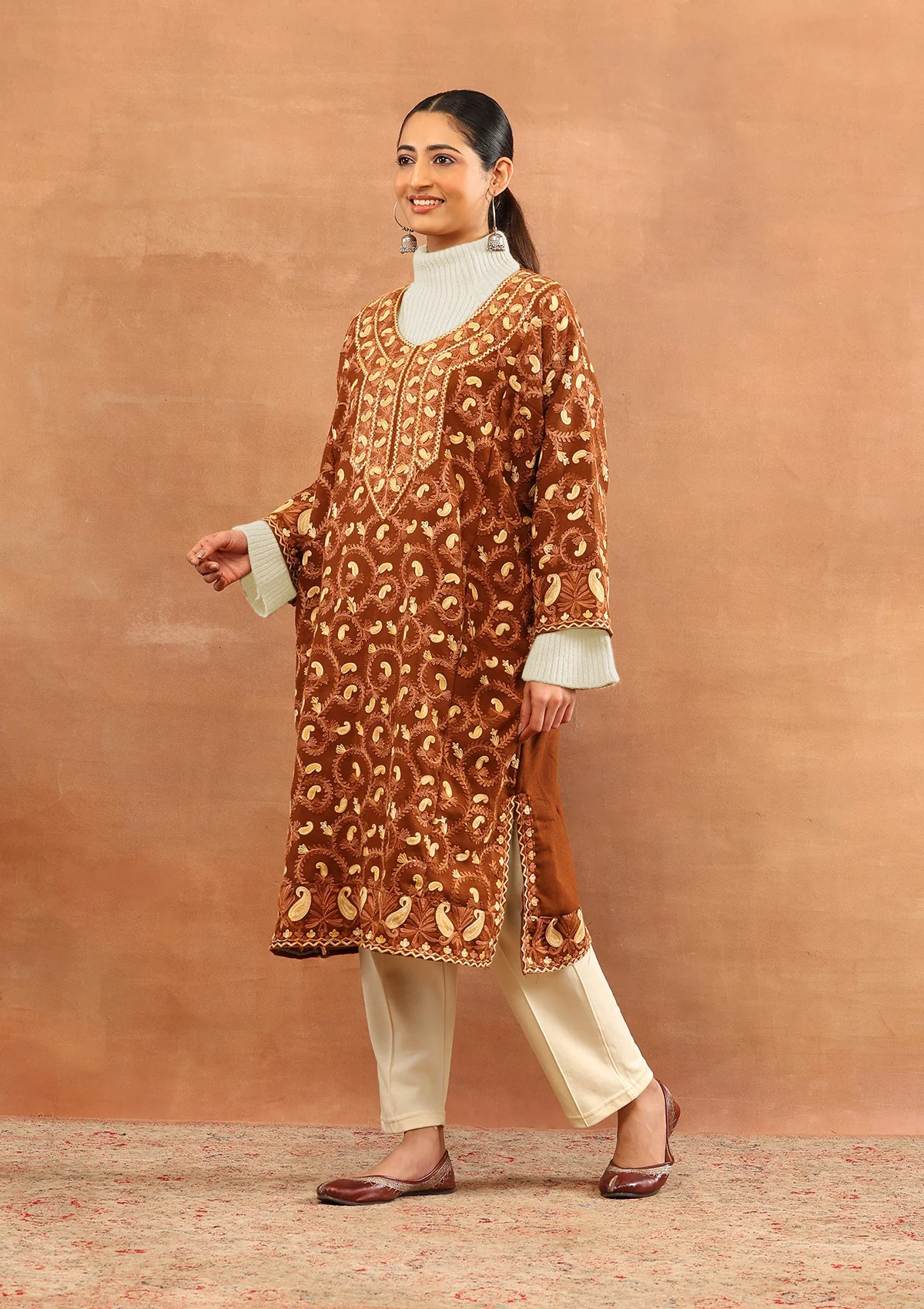 HOC Wool Aari Embroidered Solid Women's Long Phiran - Brown - Image 3