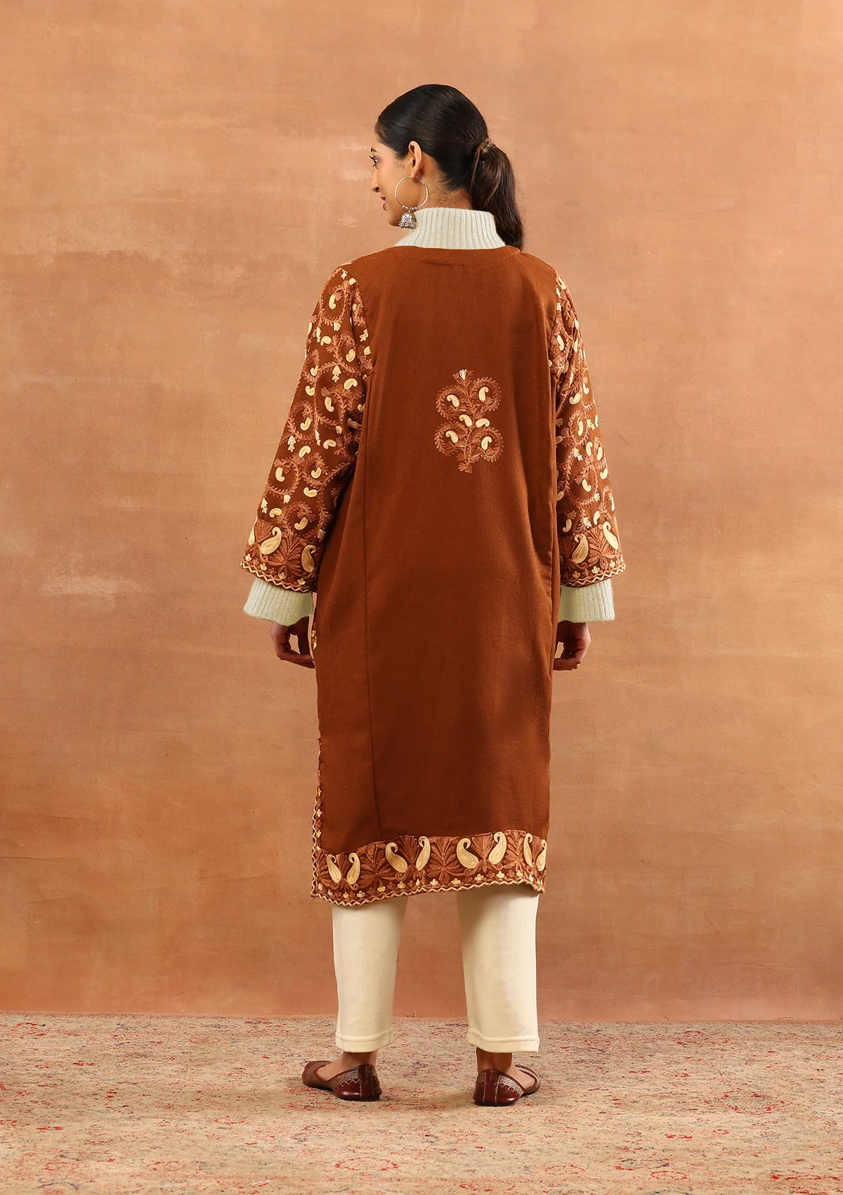 HOC Wool Aari Embroidered Solid Women's Long Phiran - Brown - Image 5