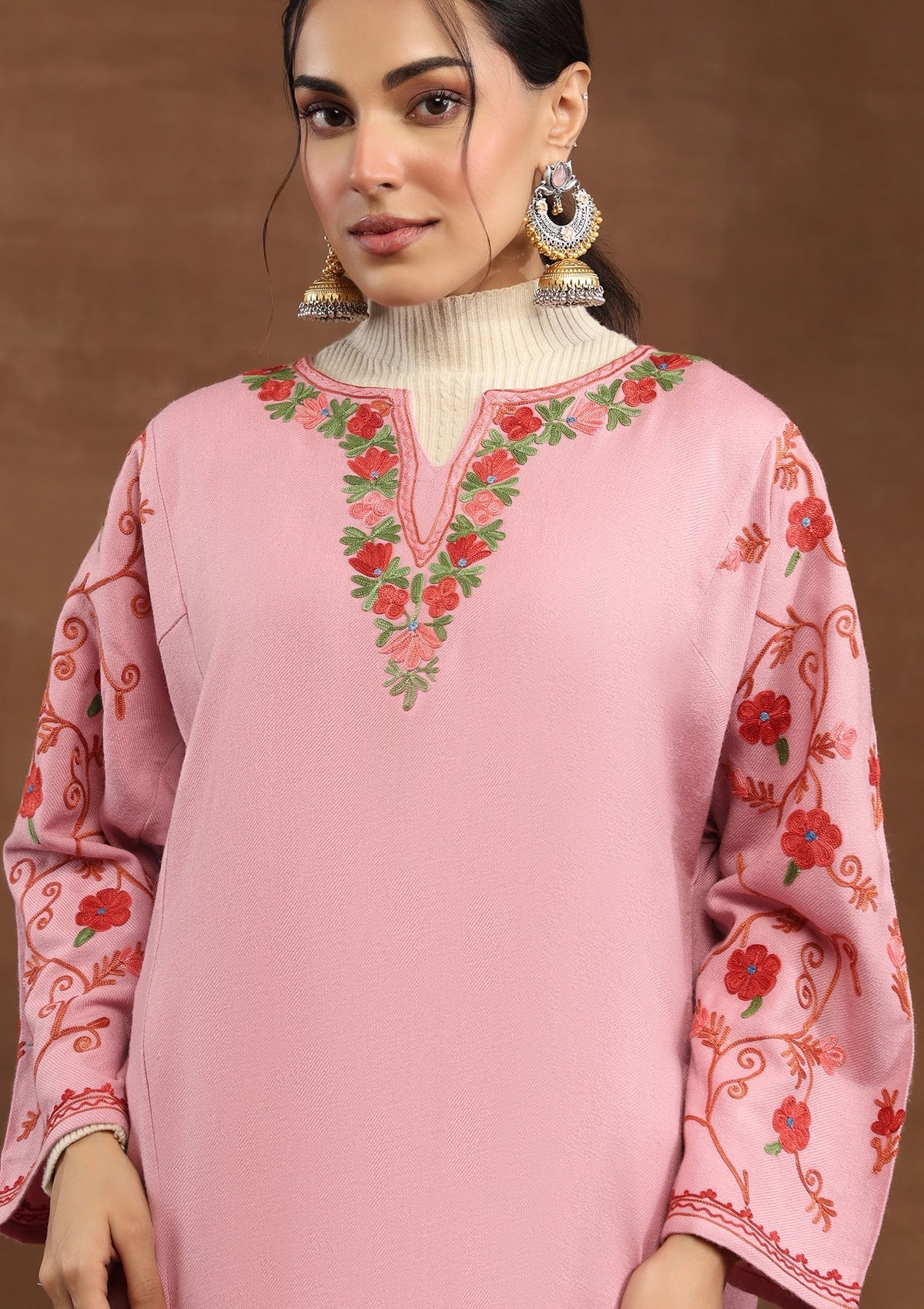 HOC Wool Aari Embroidered Solid Women's Phiran-Pink - Image 2