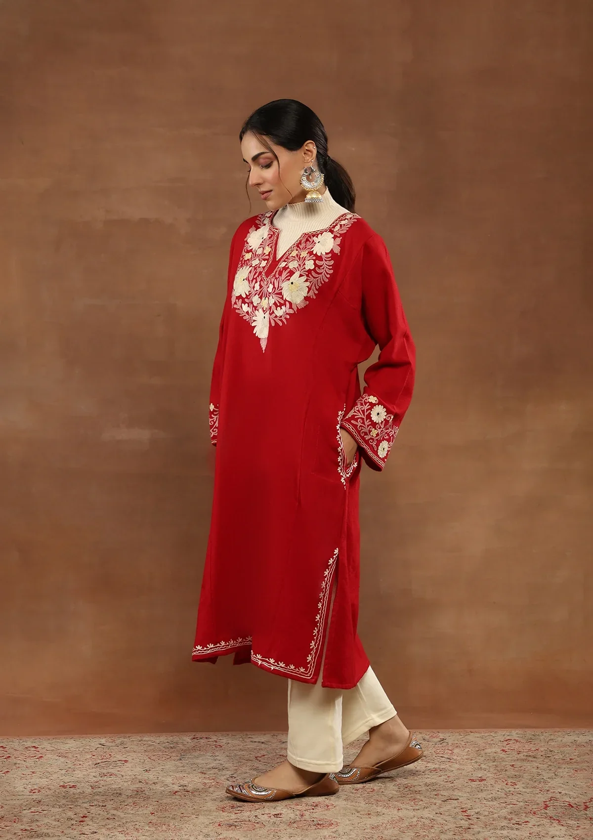 HOC Wool Aari Embroidered Solid Women's Phiran-Red - Image 4