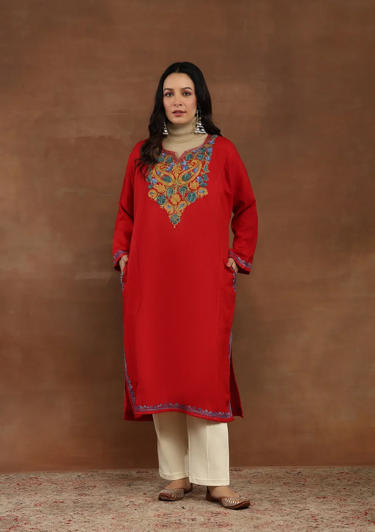 HOC Wool Aari Embroidered Solid Women's Phiran-Red