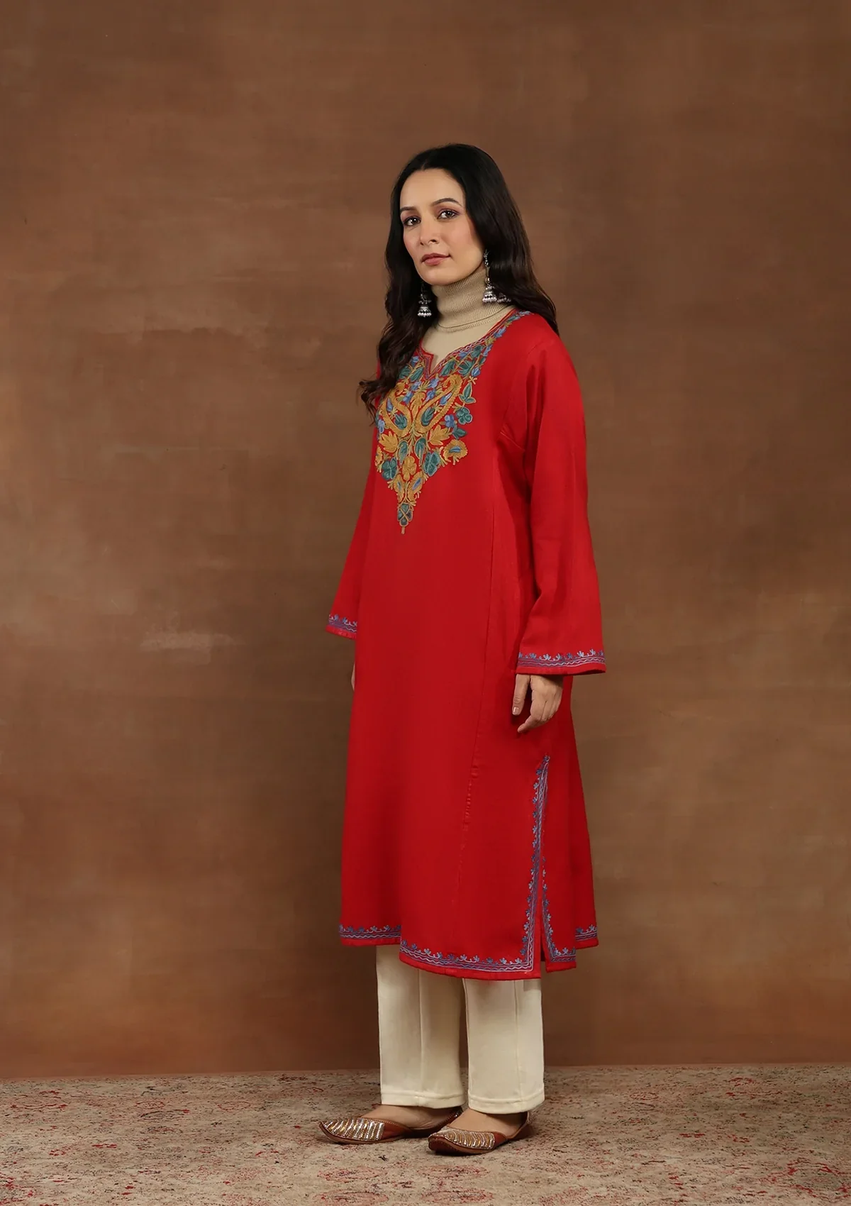 HOC Wool Aari Embroidered Solid Women's Phiran-Red - Image 3