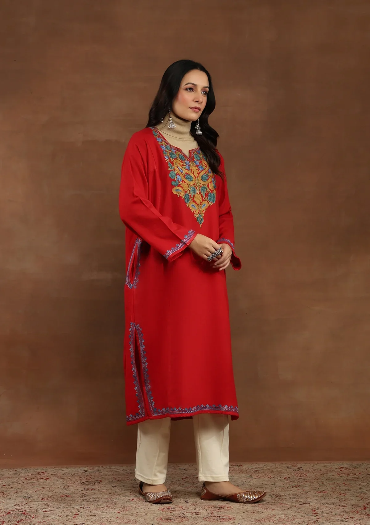 HOC Wool Aari Embroidered Solid Women's Phiran-Red - Image 4