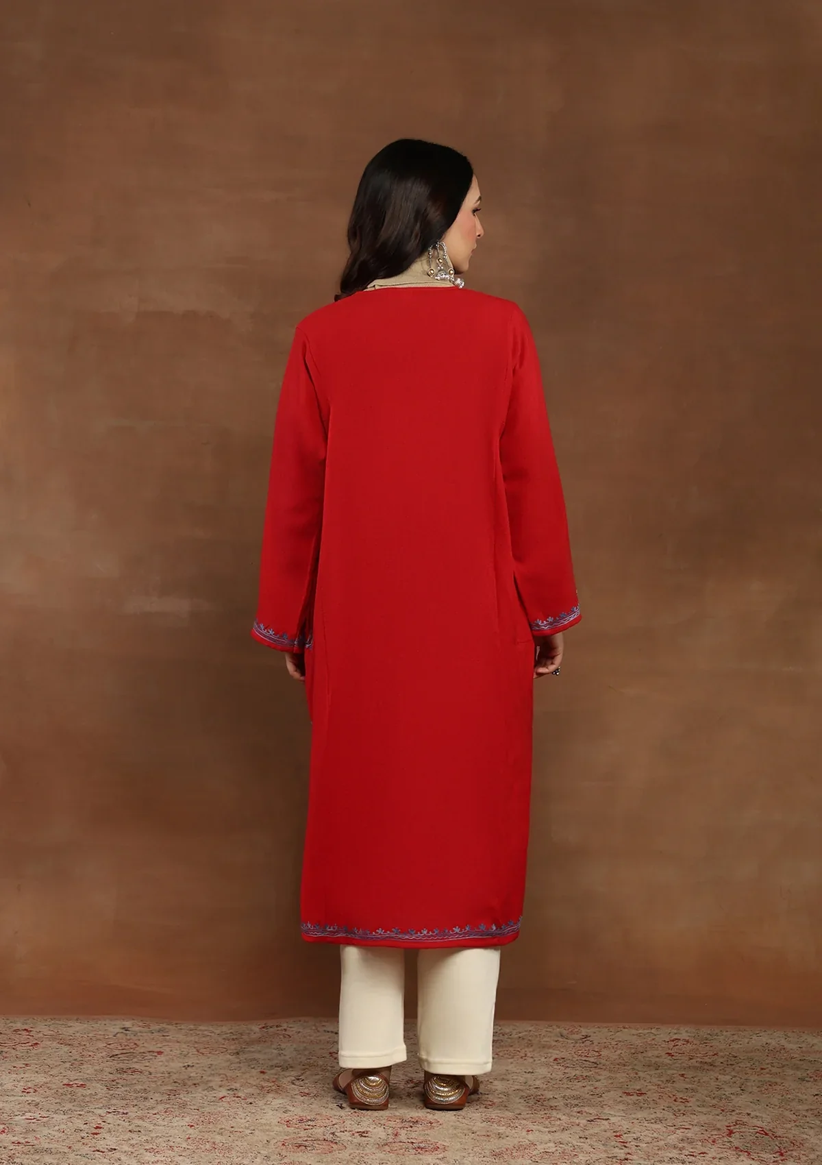 HOC Wool Aari Embroidered Solid Women's Phiran-Red - Image 5
