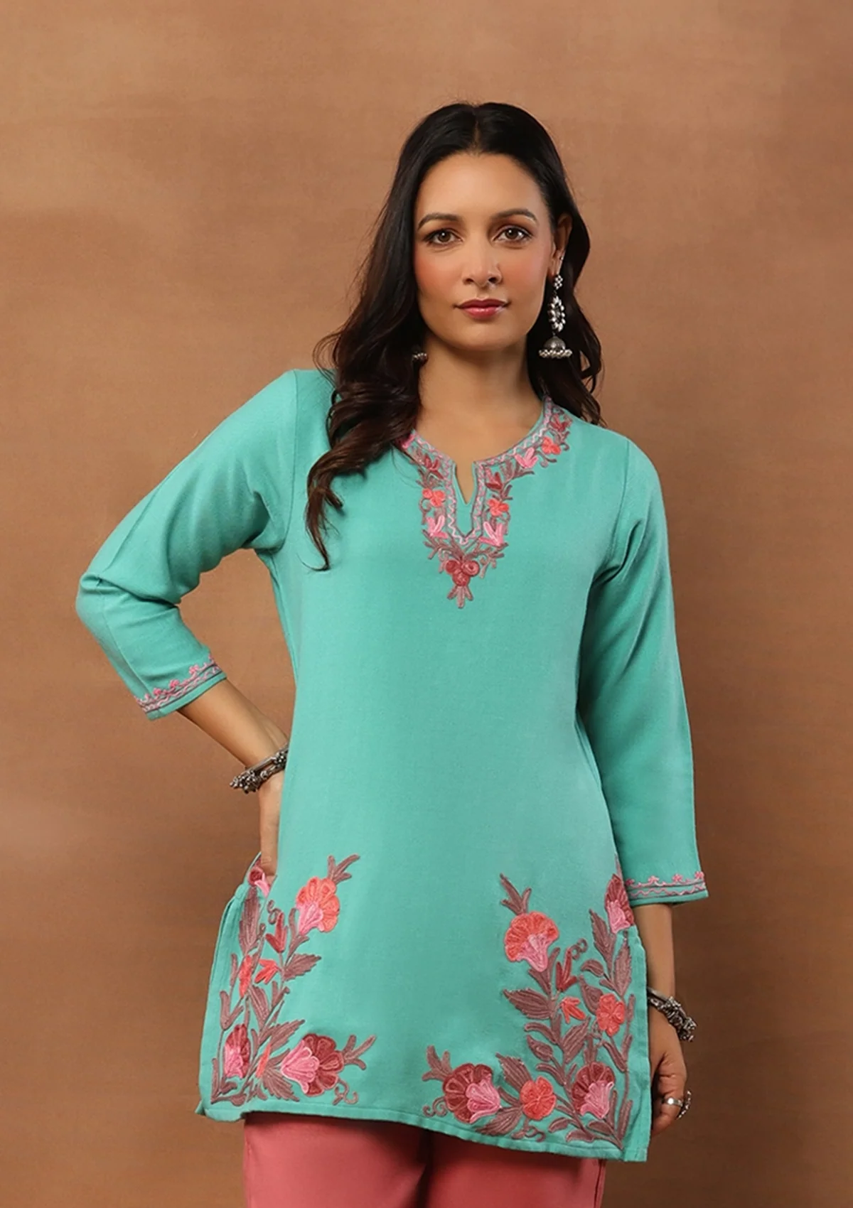 HOC Wool Aari Embroidered Solid Women's Short Kurta - Turquoise Blue
