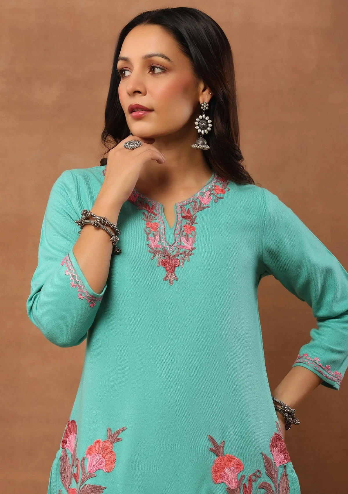 HOC Wool Aari Embroidered Solid Women's Short Kurta - Turquoise Blue - Image 4