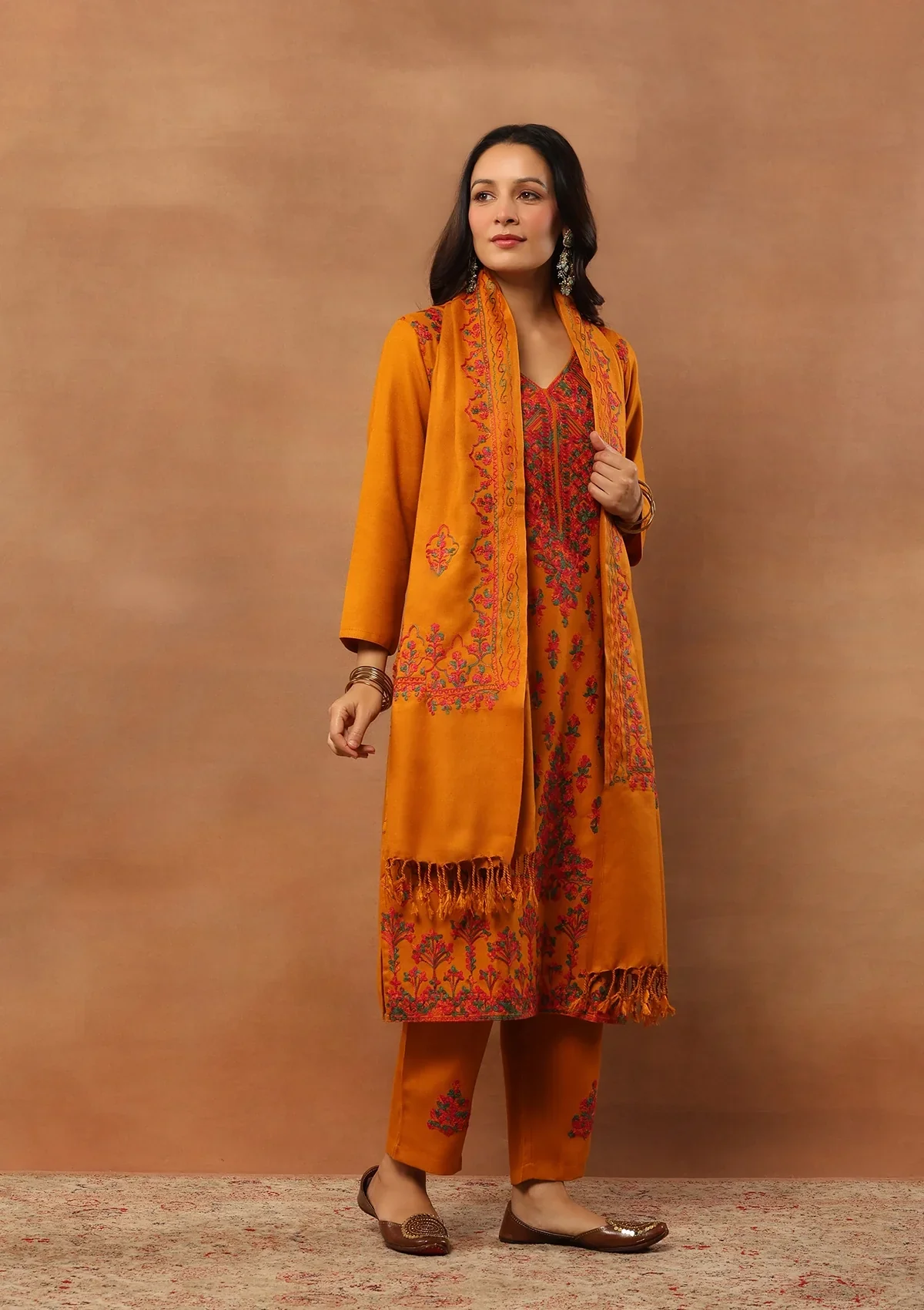 HOC Wool Aari Embroidered Straight Kurta Set With Dupatta-Mustard - Image 3