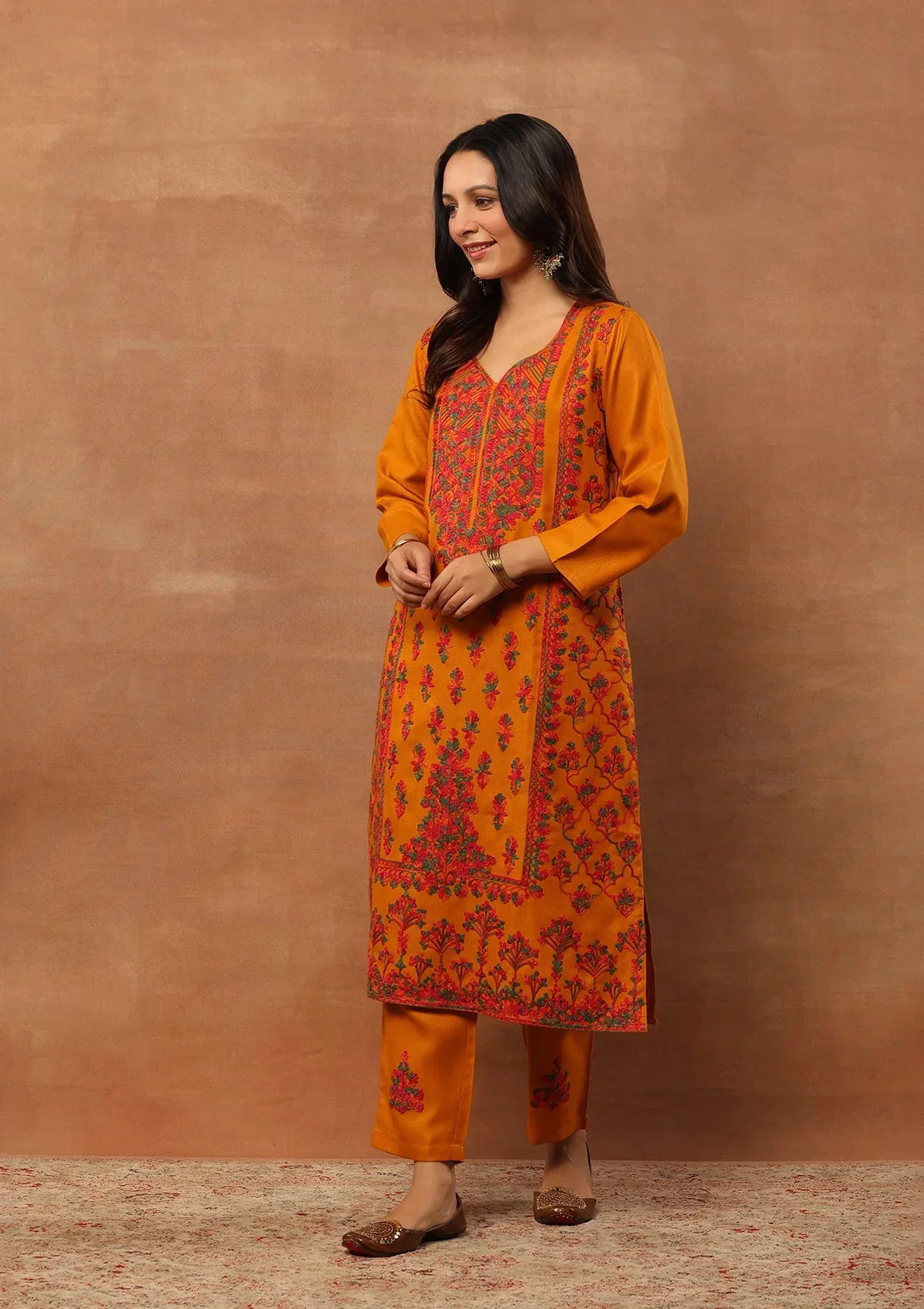 HOC Wool Aari Embroidered Straight Kurta Set With Dupatta-Mustard - Image 6