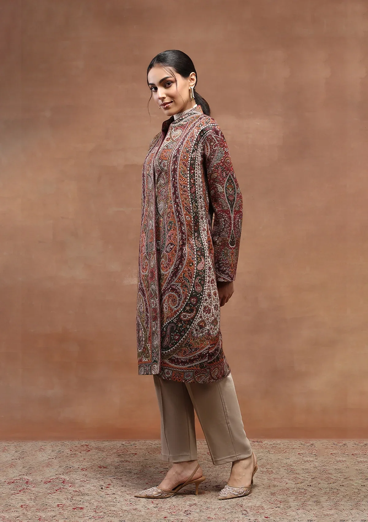 HOC Wool Kani Inspired Women's Long Jacket-Wine - Image 5