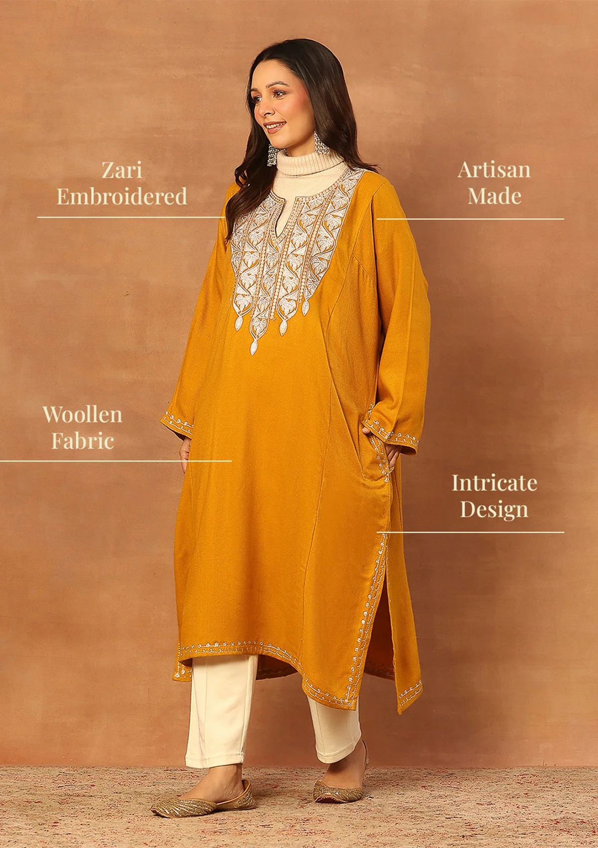 HOC Wool Sozni Inspired Solid Women's Long Phiran- Mustard - Image 10