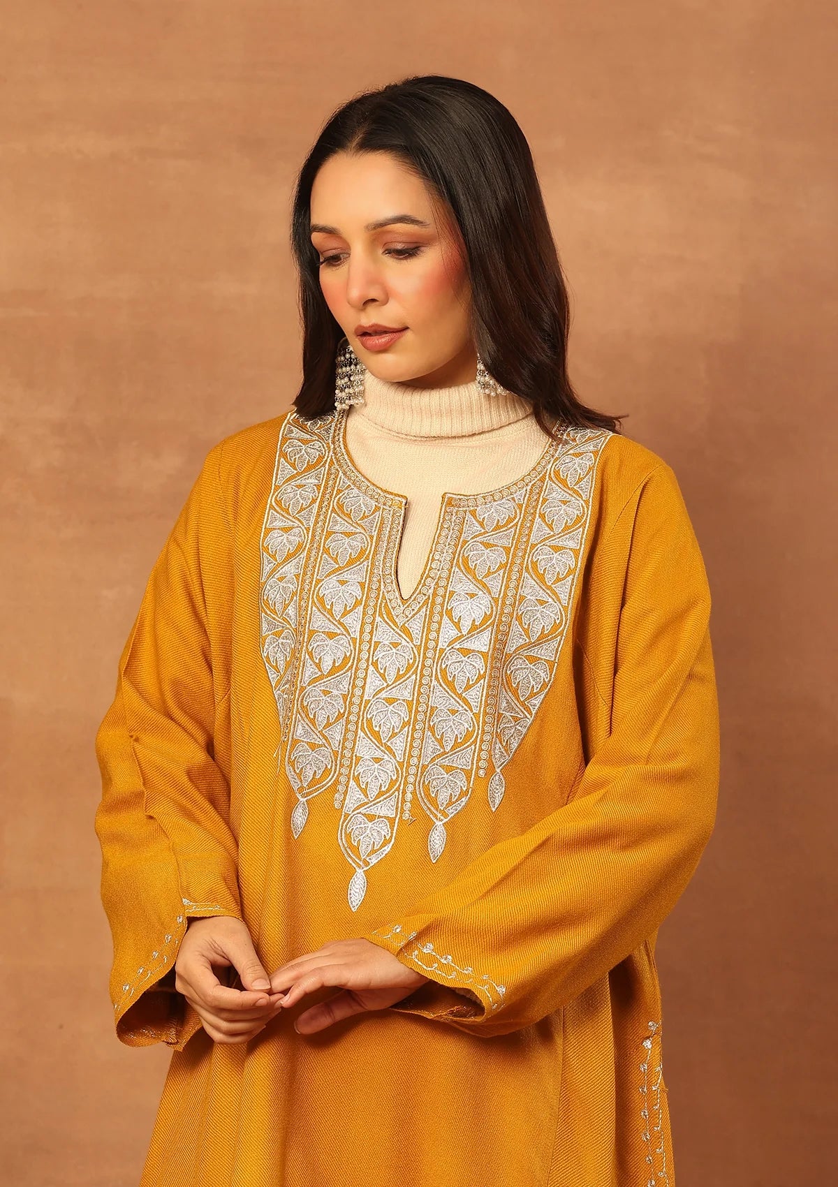 HOC Wool Sozni Inspired Solid Women's Long Phiran- Mustard - Image 4