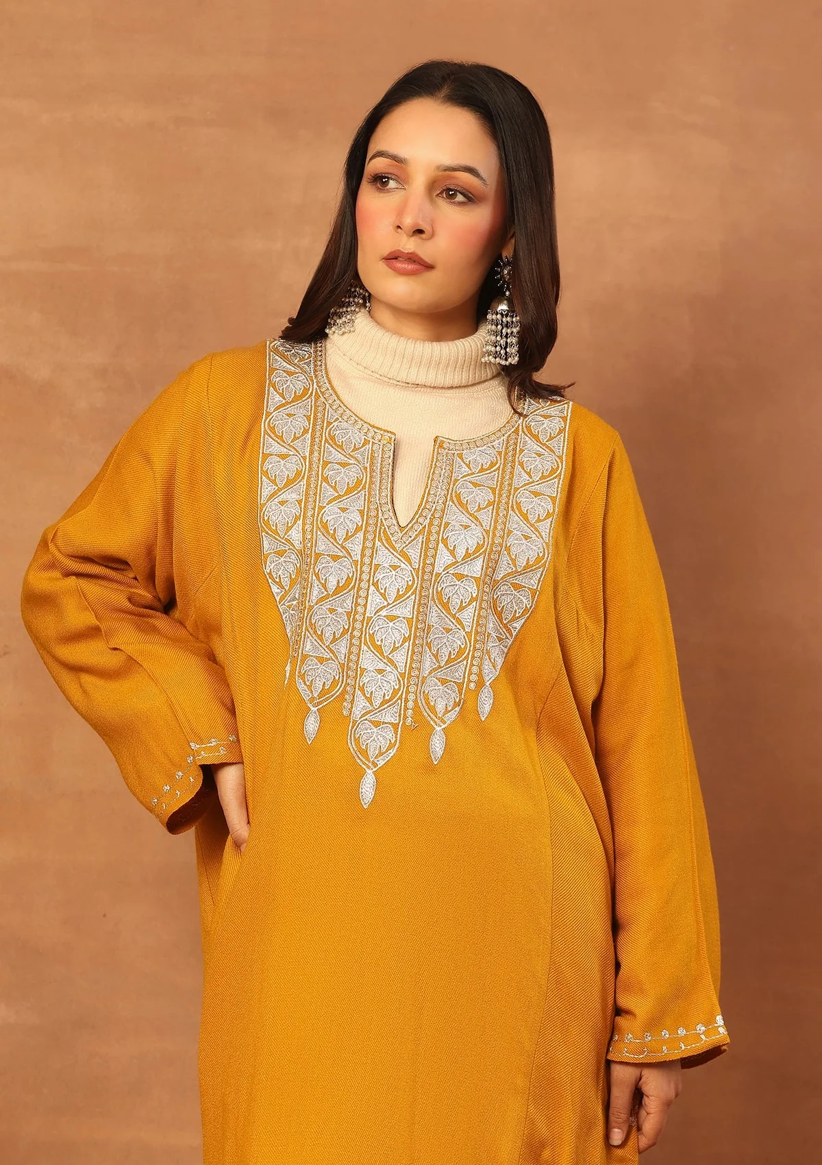 HOC Wool Sozni Inspired Solid Women's Long Phiran- Mustard - Image 5