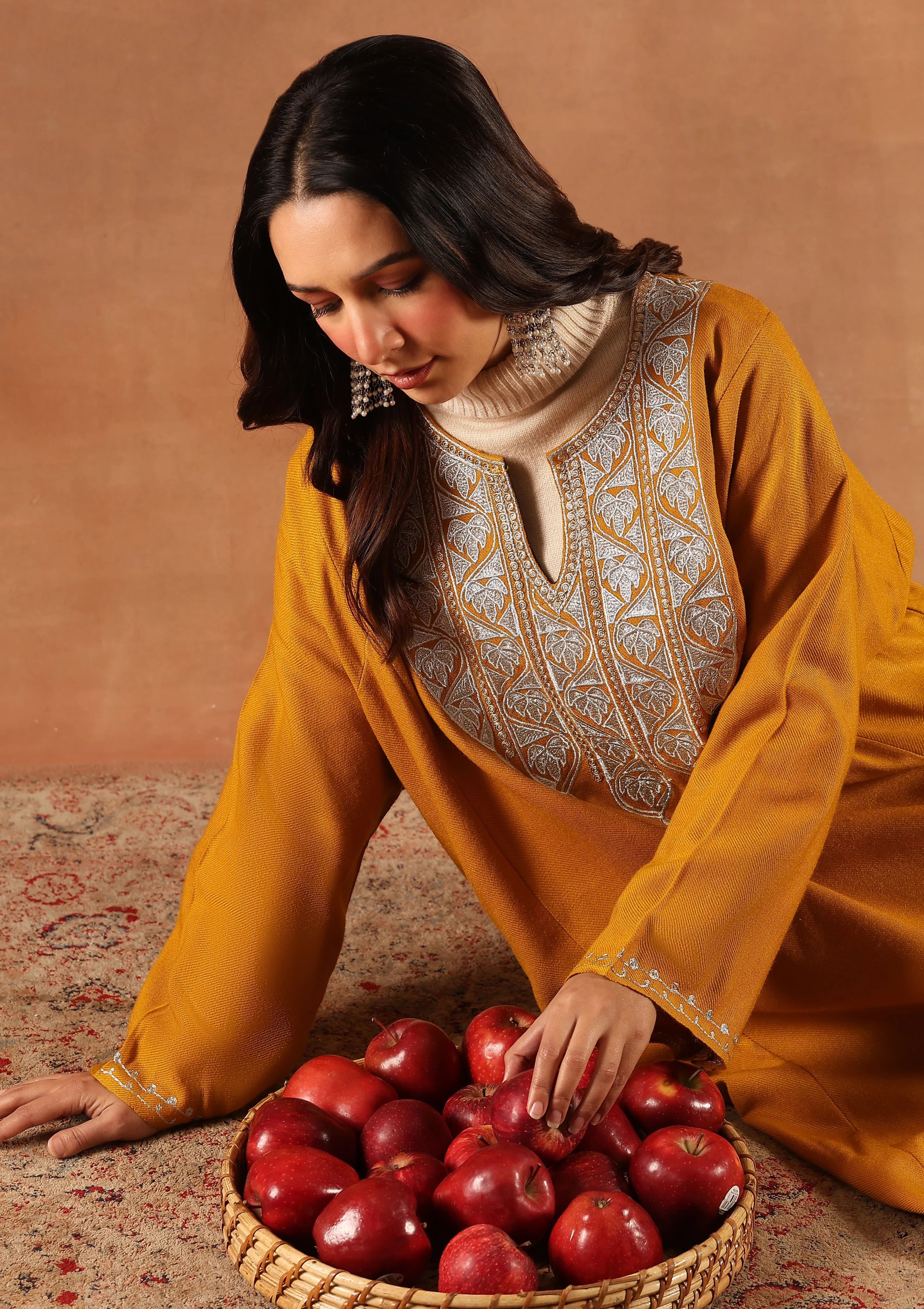 HOC Wool Sozni Inspired Solid Women's Long Phiran- Mustard - Image 6