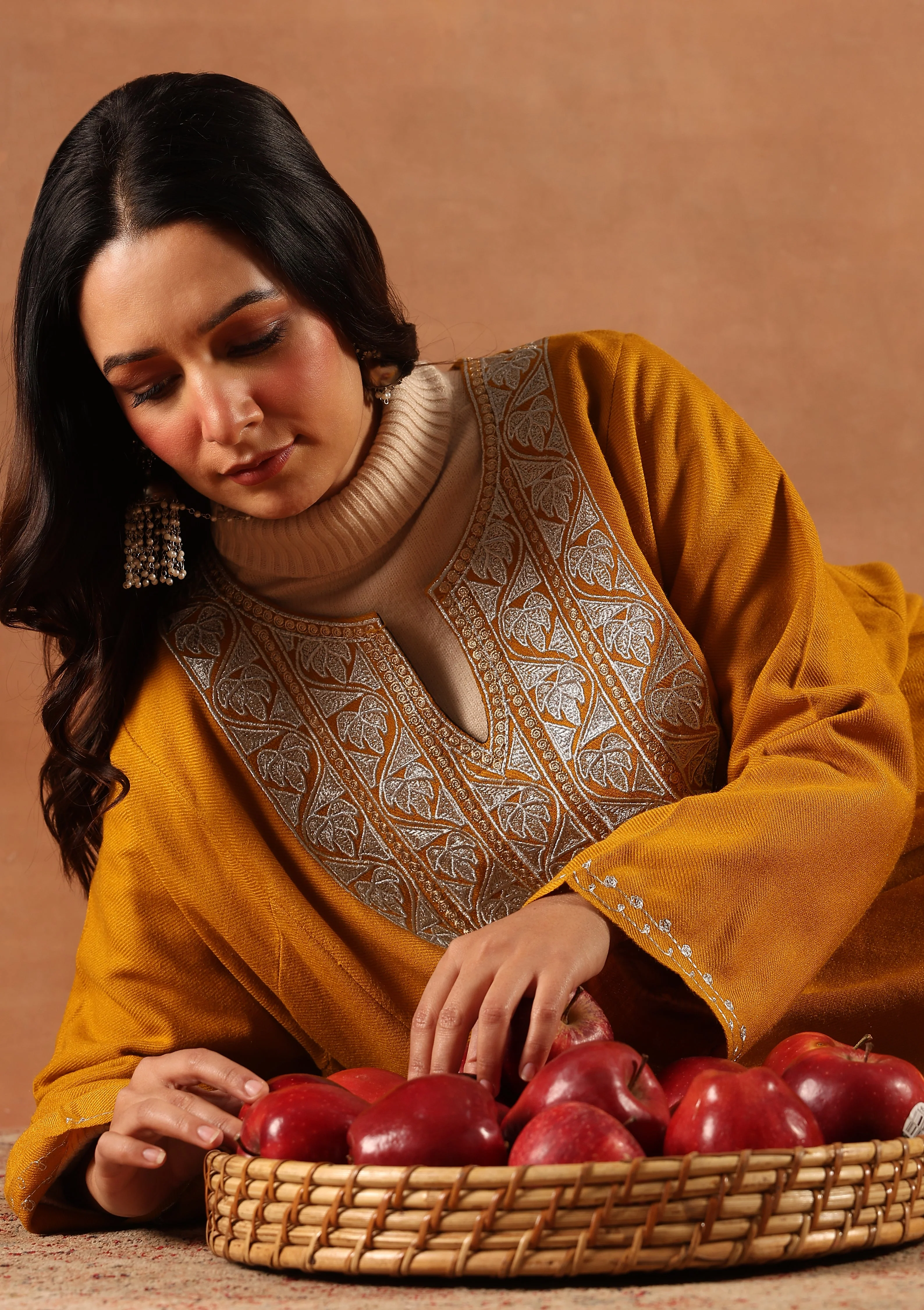 HOC Wool Sozni Inspired Solid Women's Long Phiran- Mustard - Image 8