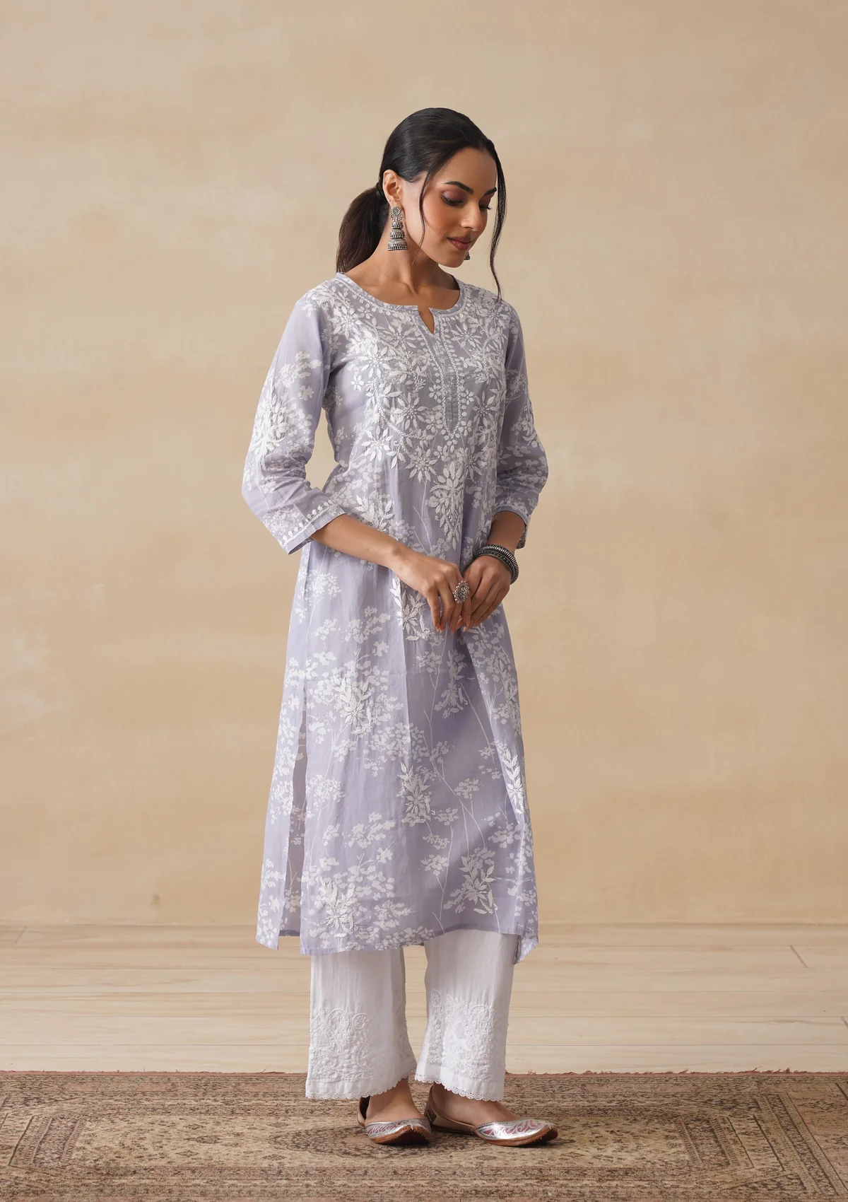 HOC Zainab Chikankari Mulmul Printed Straight Kurta -Grey - Image 3