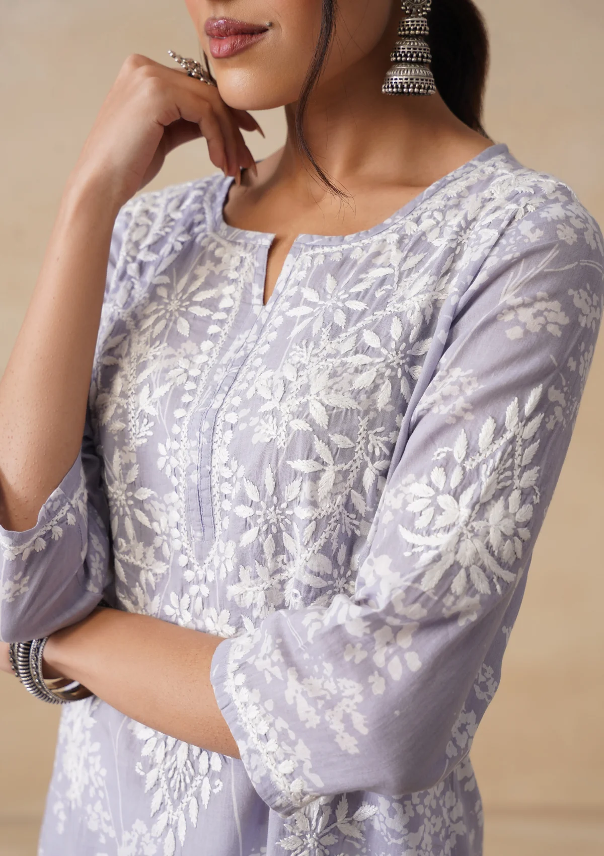 HOC Zainab Chikankari Mulmul Printed Straight Kurta -Grey - Image 5