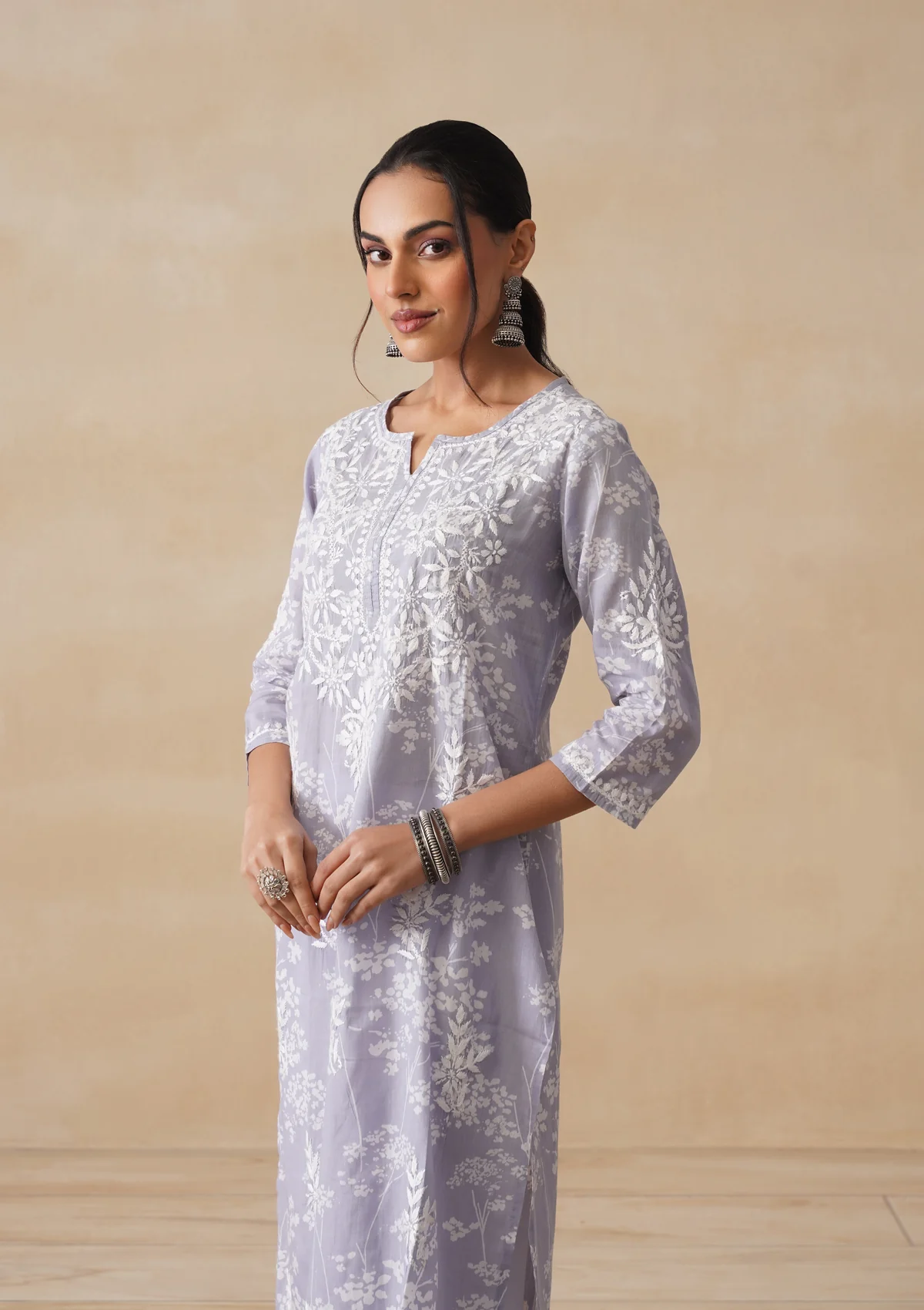 HOC Zainab Chikankari Mulmul Printed Straight Kurta -Grey - Image 6