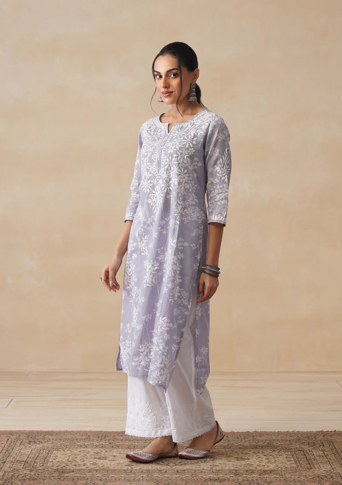HOC Zainab Chikankari Mulmul Printed Straight Kurta -Grey - Image 7
