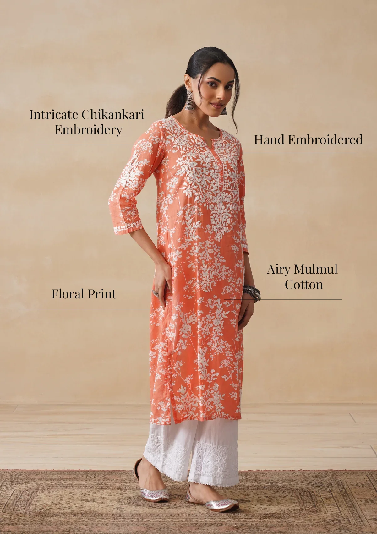 HOC Zainab Chikankari Mulmul Printed Straight Kurta -Orange - Image 10