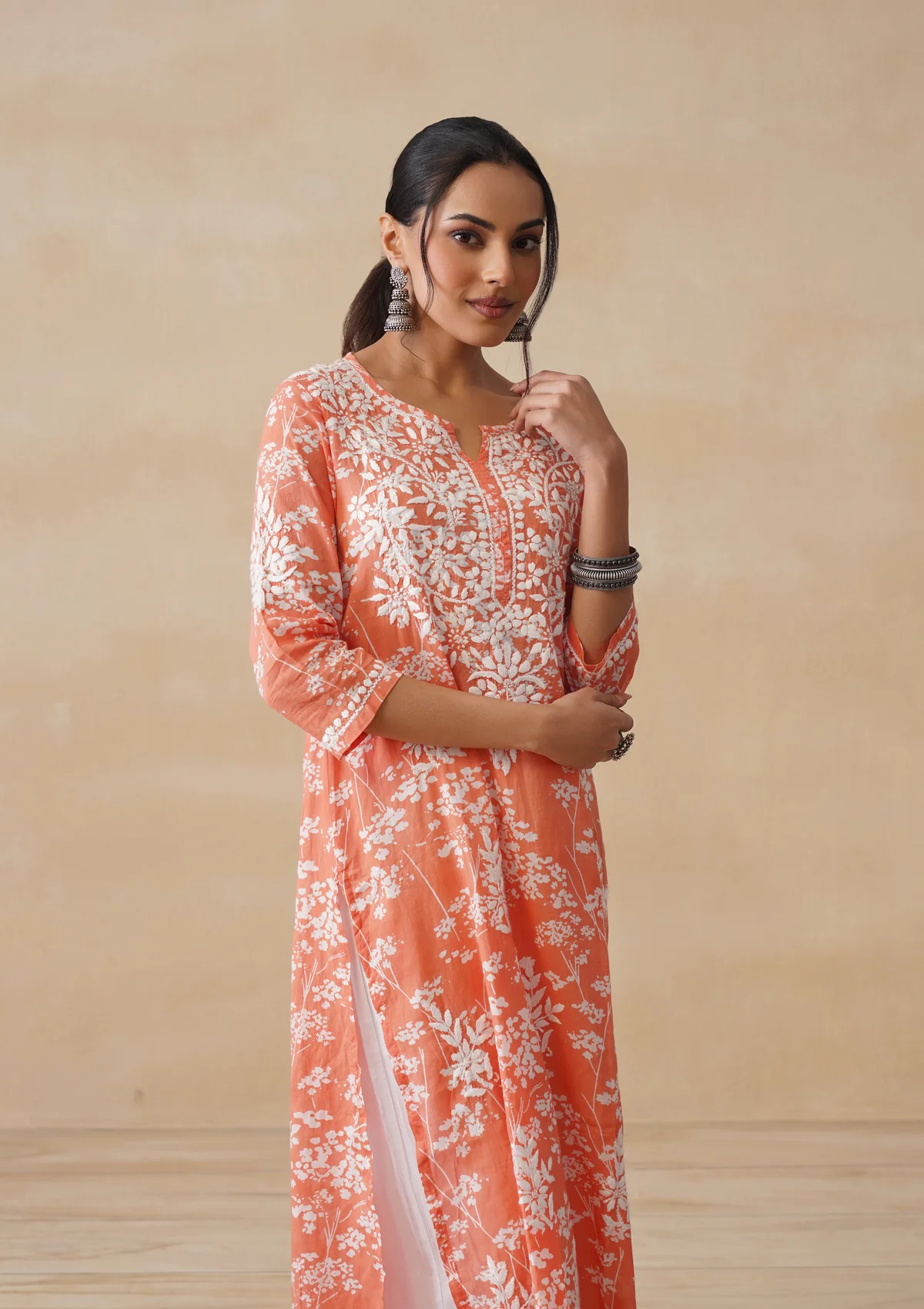 HOC Zainab Chikankari Mulmul Printed Straight Kurta -Orange - Image 4