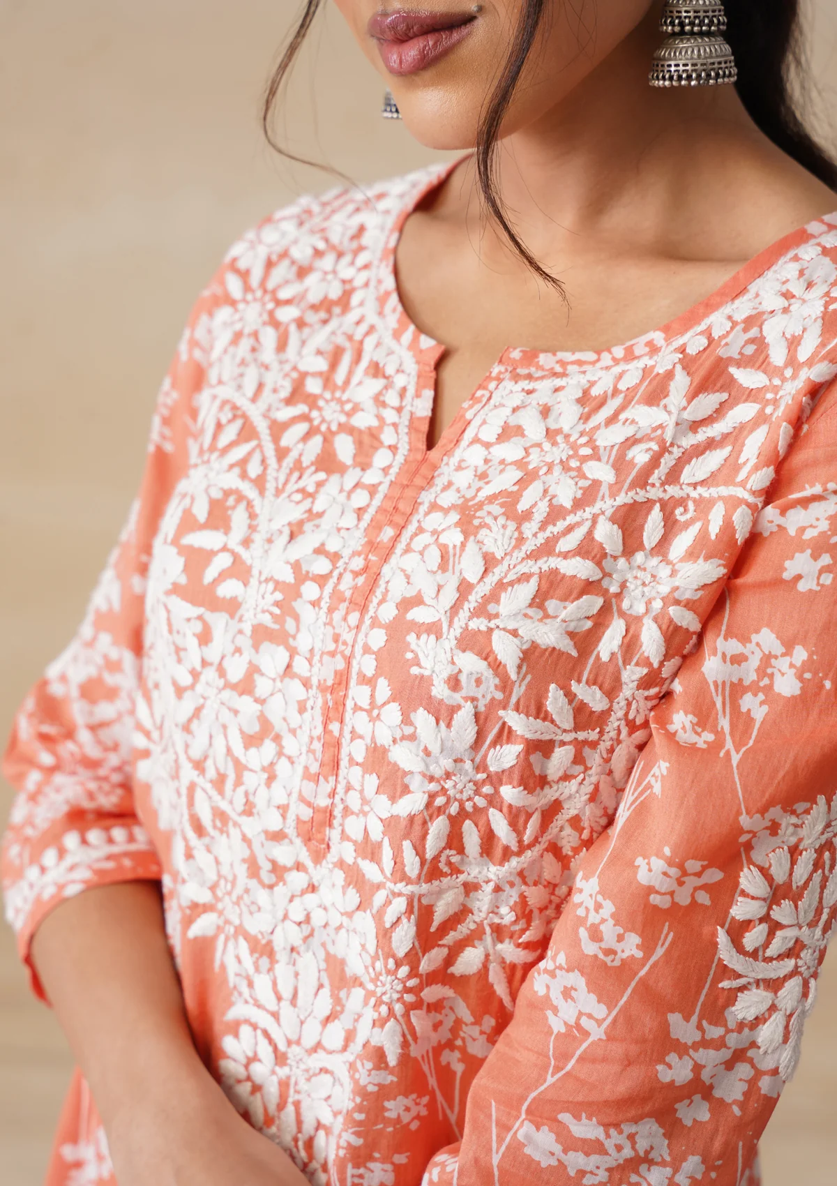 HOC Zainab Chikankari Mulmul Printed Straight Kurta -Orange - Image 5