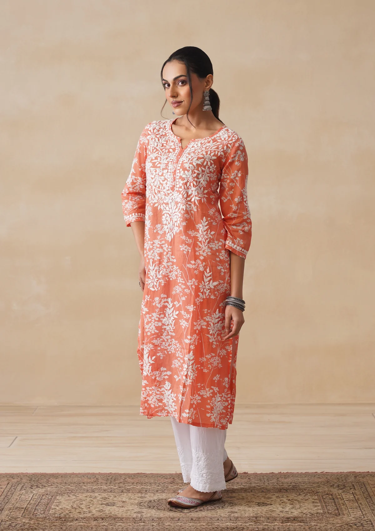 HOC Zainab Chikankari Mulmul Printed Straight Kurta -Orange - Image 7