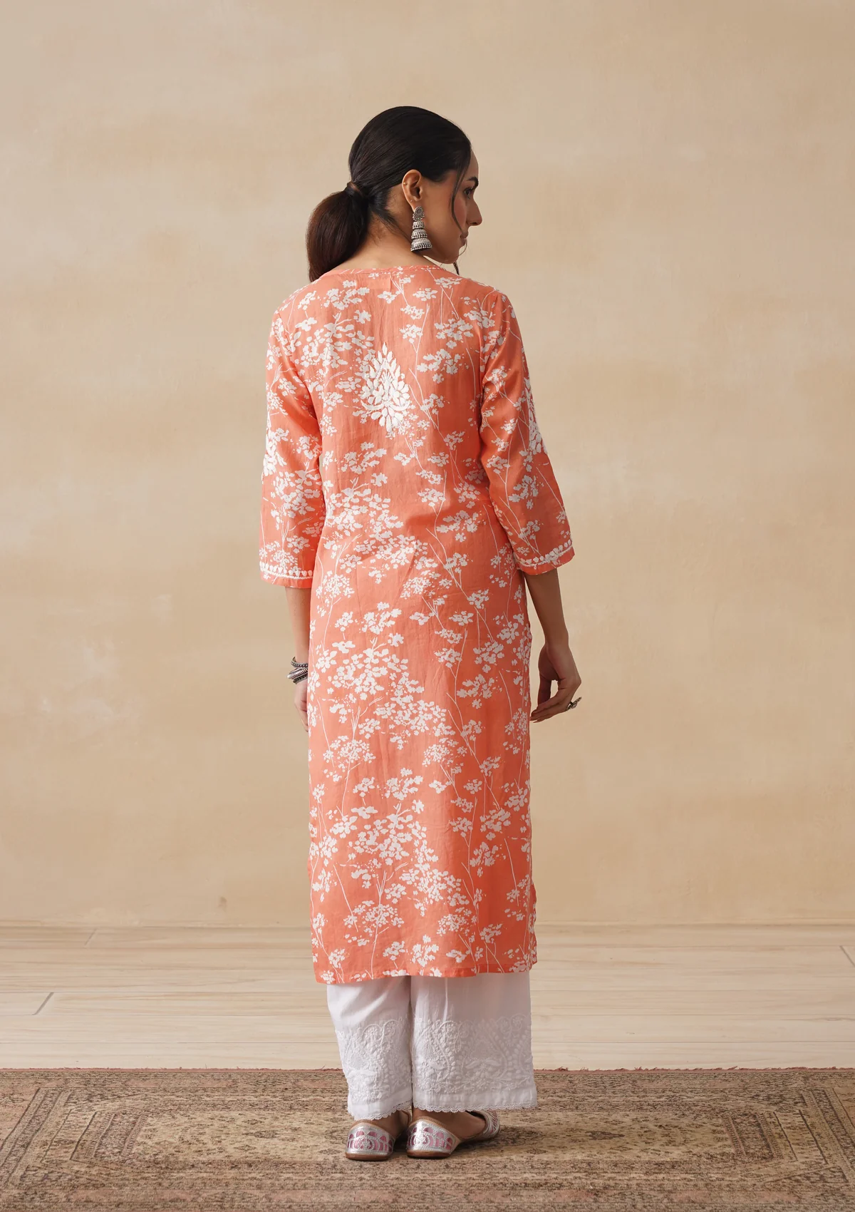 HOC Zainab Chikankari Mulmul Printed Straight Kurta -Orange - Image 9