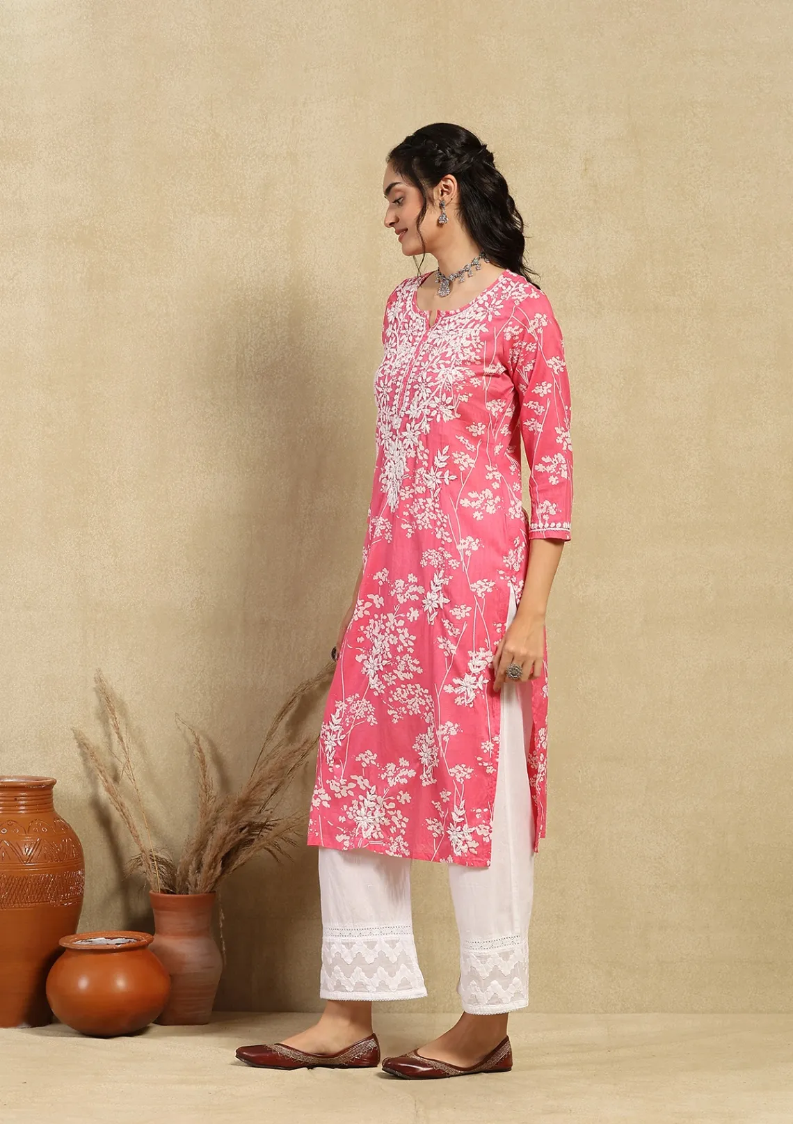 HOC Zainab Chikankari Mulmul Printed Straight Kurta -Pink - Image 5
