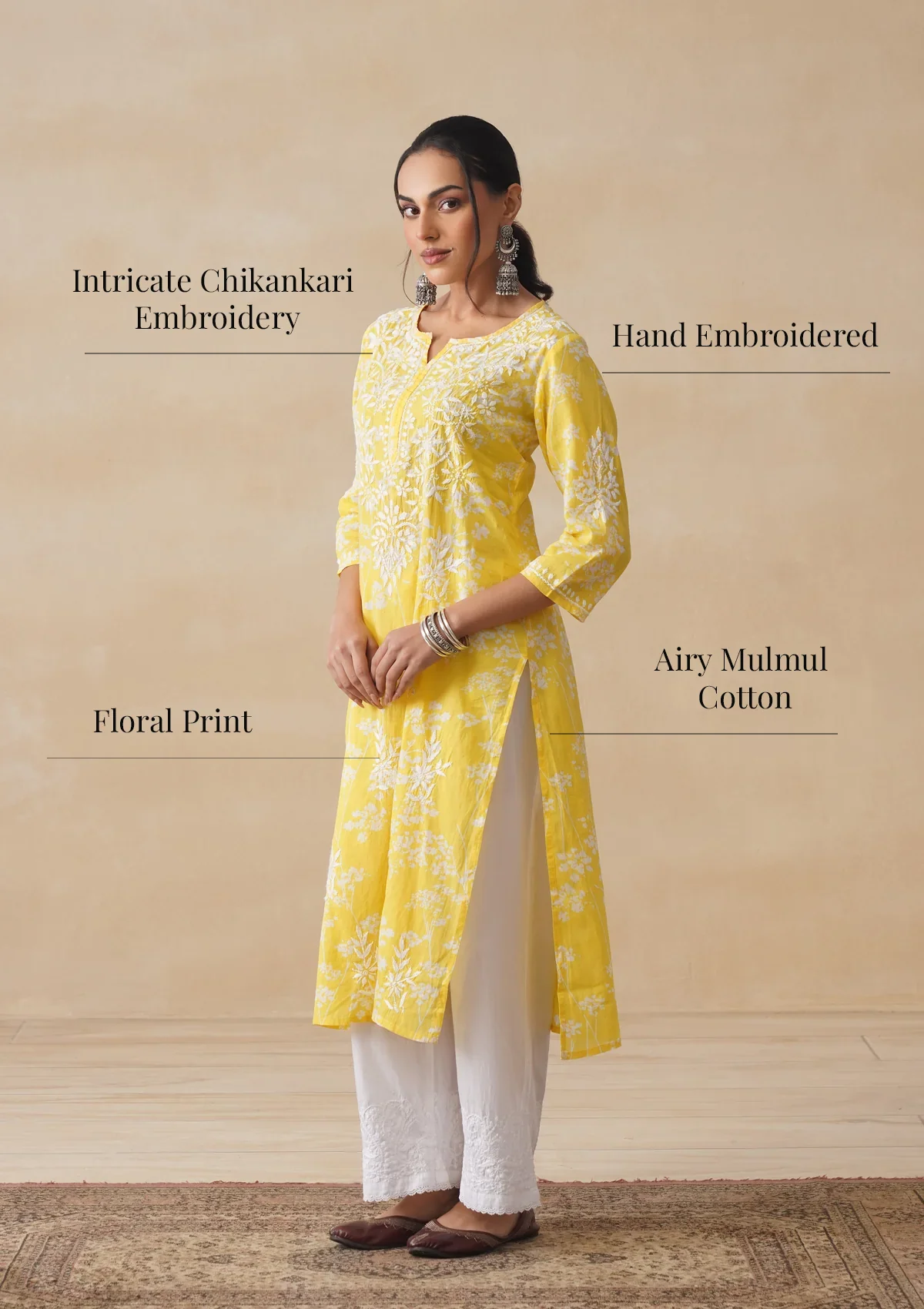 HOC Zainab Chikankari Mulmul Printed Straight Kurta -Yellow - Image 12