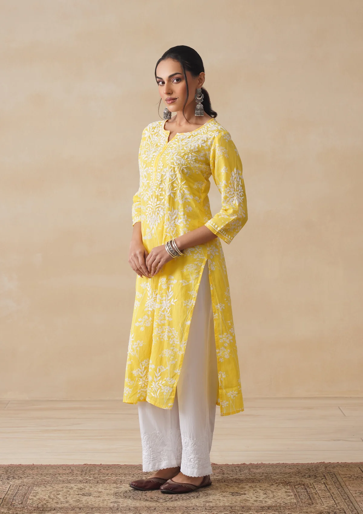 HOC Zainab Chikankari Mulmul Printed Straight Kurta -Yellow - Image 4