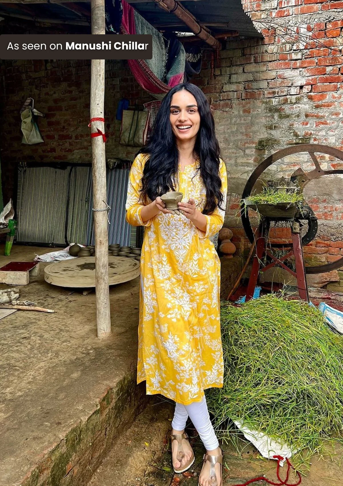 HOC Zainab Chikankari Mulmul Printed Straight Kurta -Yellow - Image 5