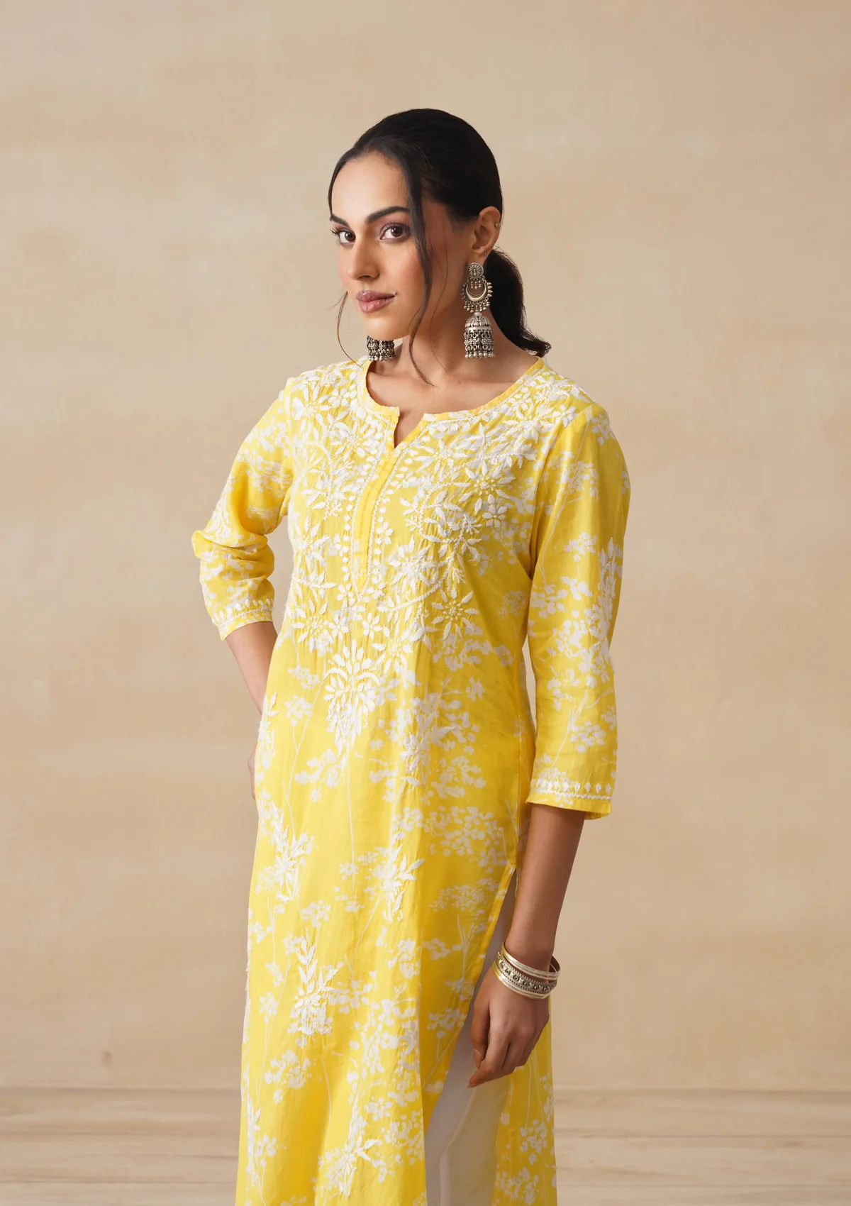 HOC Zainab Chikankari Mulmul Printed Straight Kurta -Yellow - Image 7