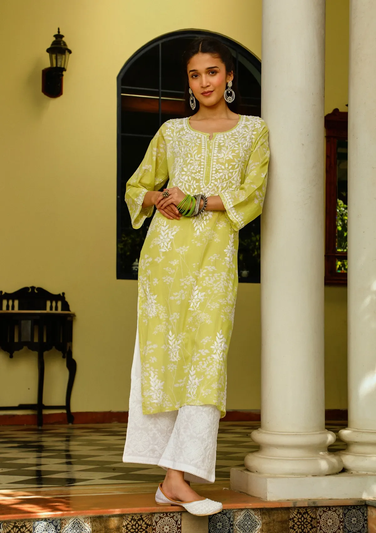 HOC Zainab Chikankari Mulmul Printed Straight Kurta -Green