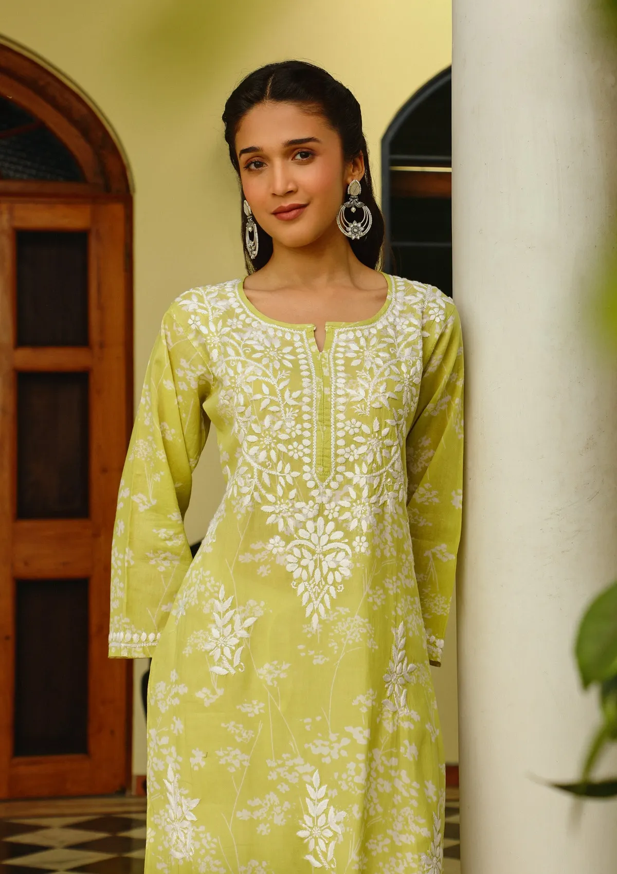 HOC Zainab Chikankari Mulmul Printed Straight Kurta -Green - Image 5